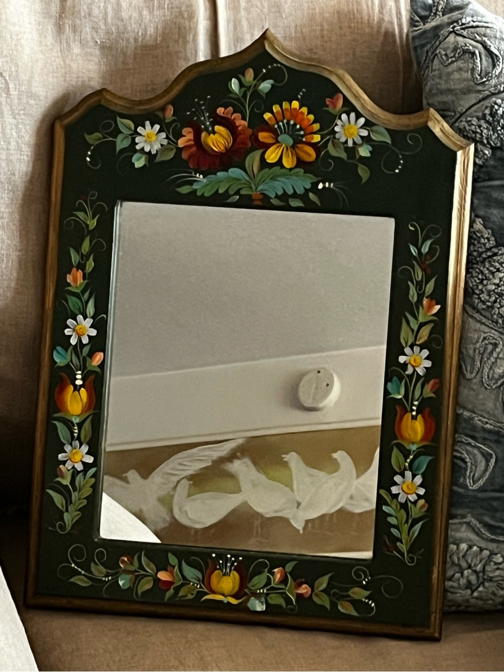 Vintage Hand Painted Tole Folk Art Wood framed mirror Cottage Floral 16.5x12